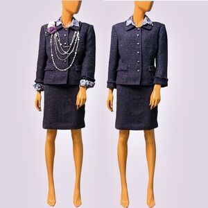 TAHARI Sparkle Tweed Plaid Purple Petite Skirt Suit